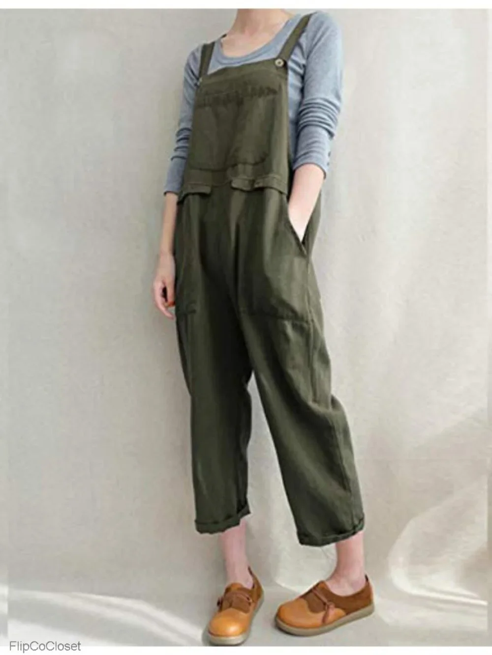 Linen Blend Overalls Jumpsuit Baggy Wide Leg Adjustable Straps
